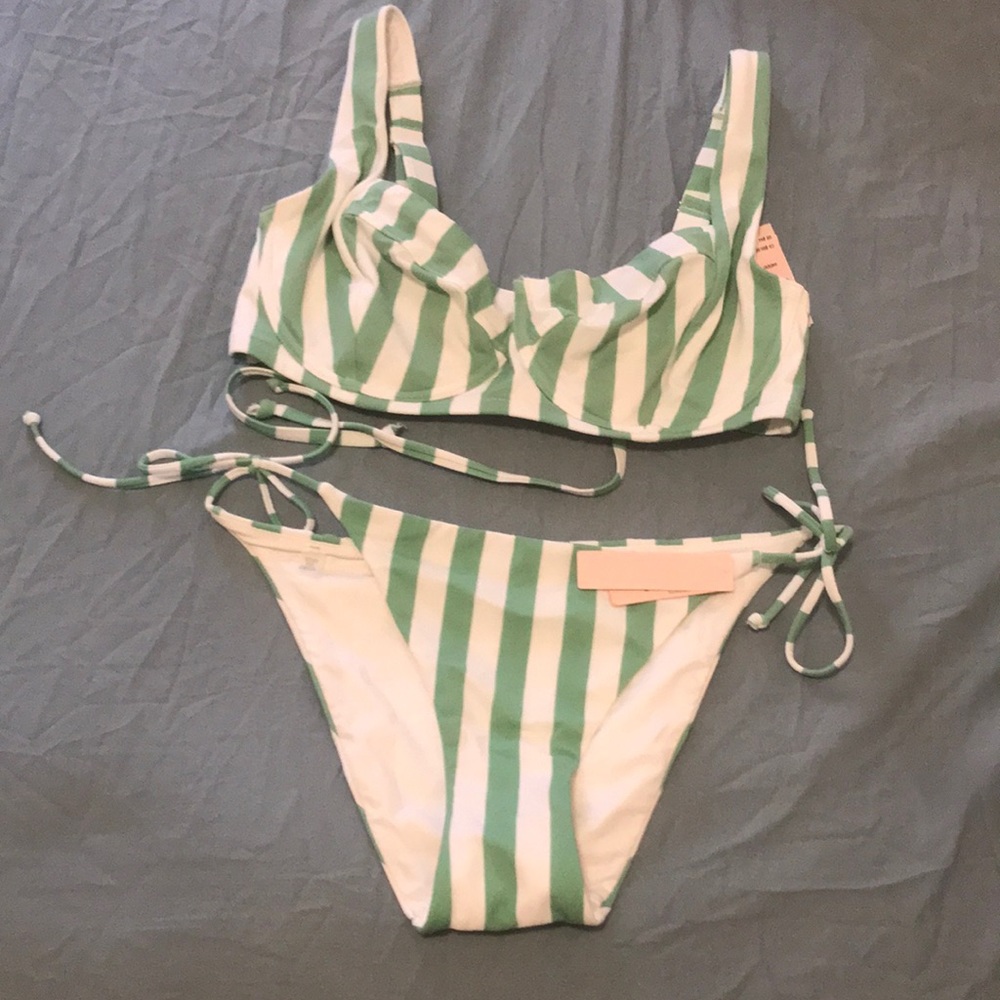 NWT Victoria’s Secret 3-Piece Bikini Set Vintage-Style Green Stripes 34DDD